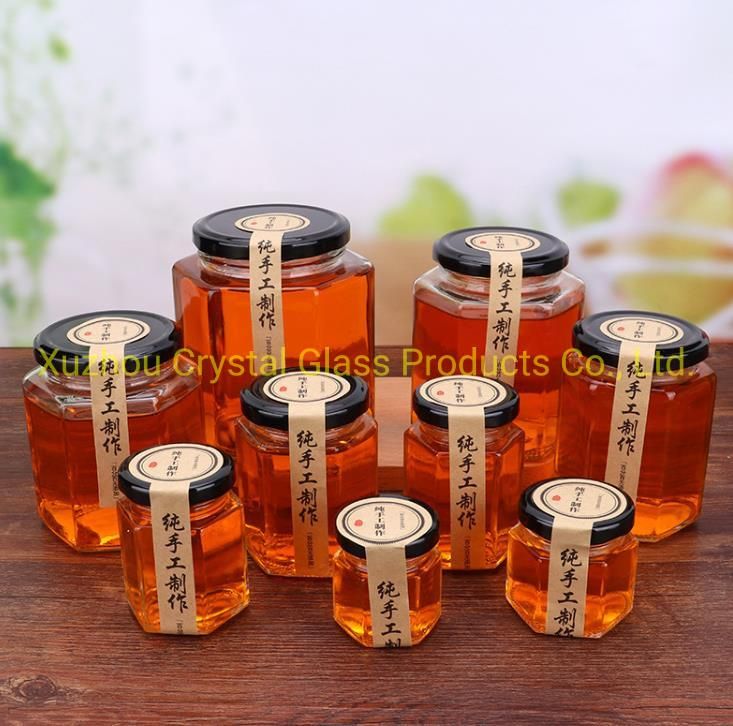 10 Oz Transparent Hexagon Glass Jar with Screw Lid for 500g Honey Packaging Use