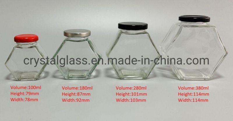 100ml 180ml 280ml 380ml Flat Hexagonal Glass Honey Jar with Metal Lid
