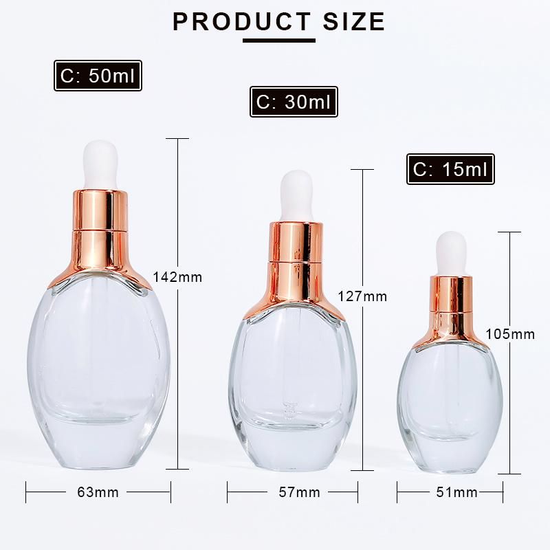 Luxury 15ml 30ml 1oz Clear Face Skincare Essence Essential Oil Serum Dropper Glass Bottle with Gold Dropper Pipette