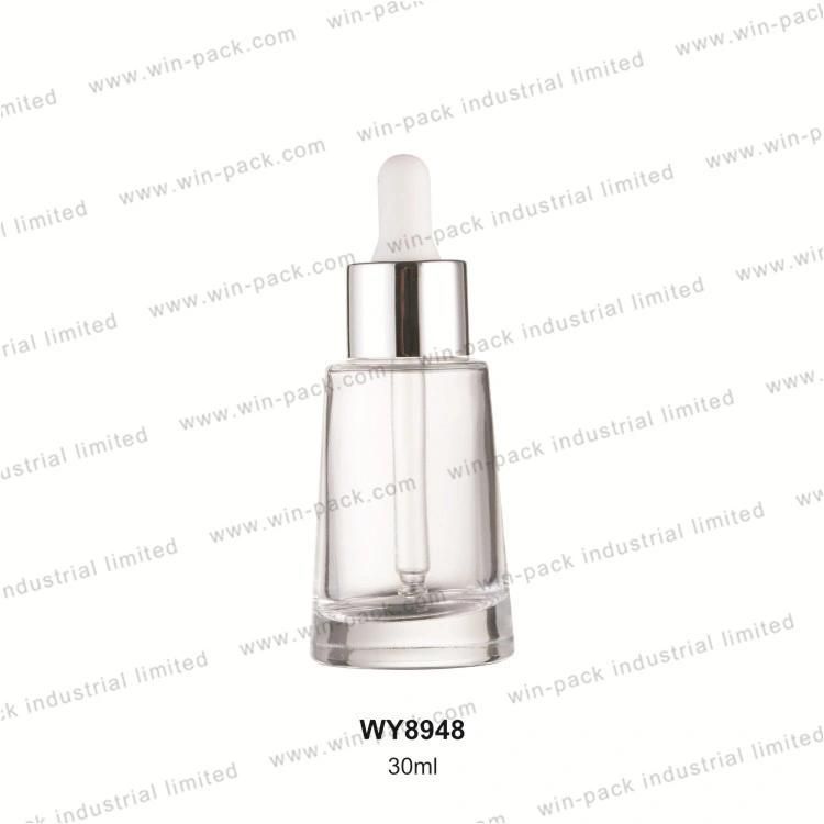 Winpack China Supplier Cosmetic 30ml Square Glass Dropper Bottle with Rubber Head Transparent or Frosted Cosmetic Wholesale 30ml Glass Dropper Bottle with Gold