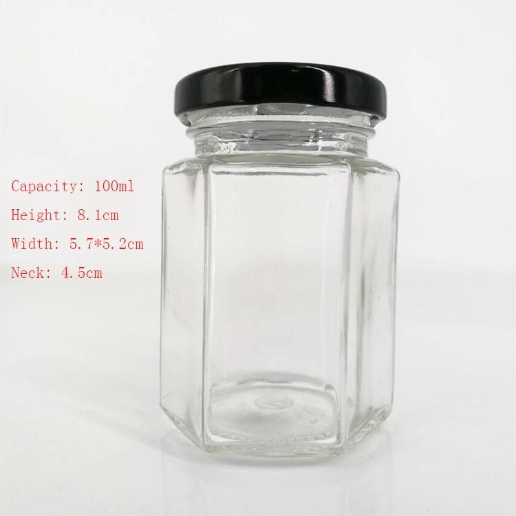 100ml Clear Container Hexagonal Glass Honey Jelly Jars with a Tight-Fitting Lid