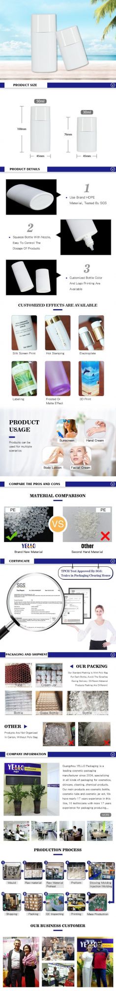 Wholesale Skincare Packaging Plastic 50ml 30ml Sunscreen PE Squeezed Bottle Twist up