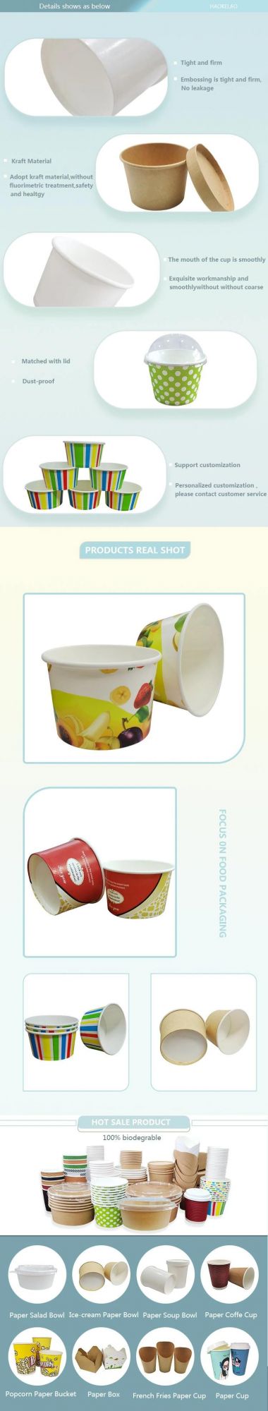 Disposable Custom Logo Ice Cream Paper Cup Bowls Container with Plastic Dome Lids