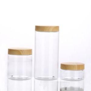 Pet Plastic Food Wide Mouthed Jar with Screw Cap Pet Jars with Bamboo Wooden Printing PP Lid Clear Plastic Jar