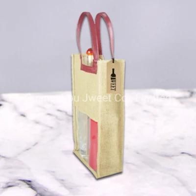 Custom PVC Jute Wine Bag with Leather Handle Wholesale