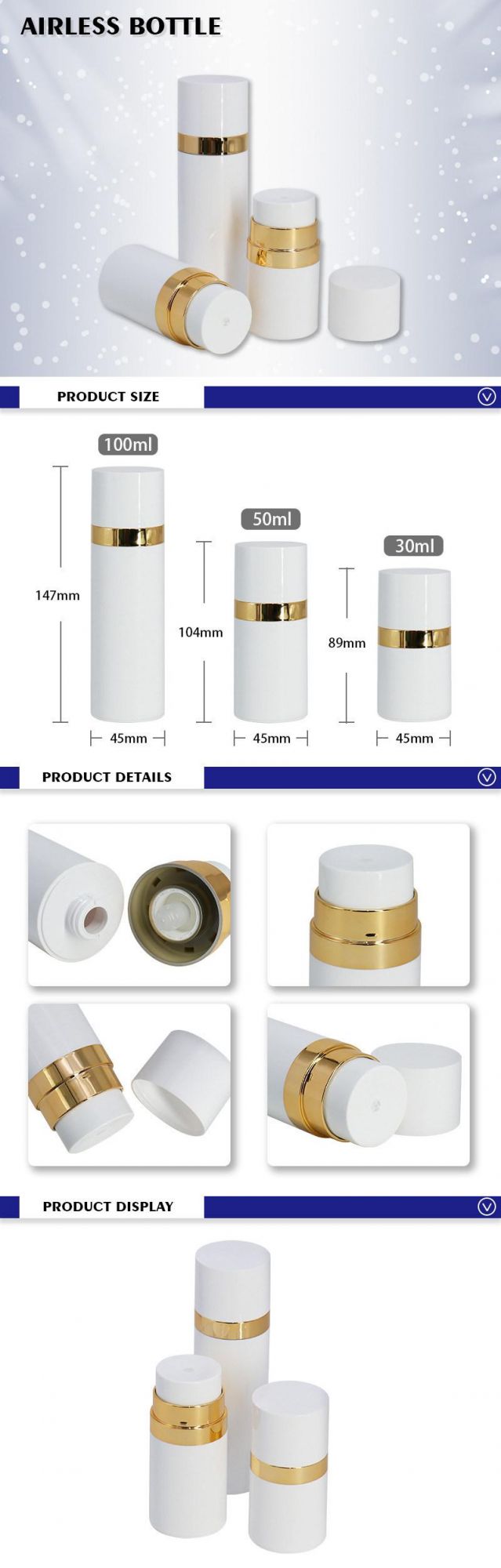 Cosmetic Packaging 30ml 50ml 100ml White Refillable Airless Pump Bottles with Golden Ring