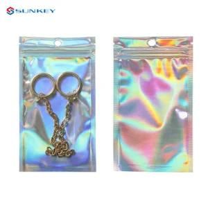 Thick Reclosable Holographic Rainbow Pink Zipper Packaging Bag Cosmetic Jewelry Flat Pouches Laser Plastic Zip Lock Bags