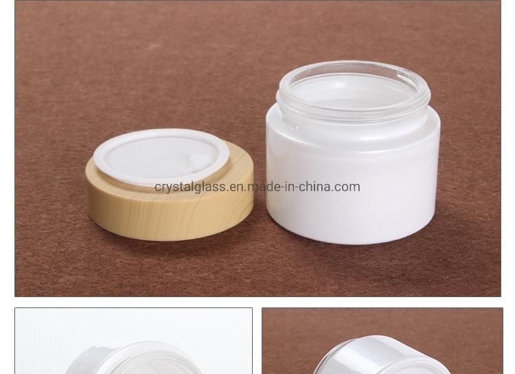 50g Cream Jar Glass Bottle in Store with Wooden Caps in Pearl White Glass