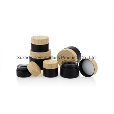 Matte Black Glass Jar with Wood Grain Lid Cosmetic Packaging Empty Glass Jars