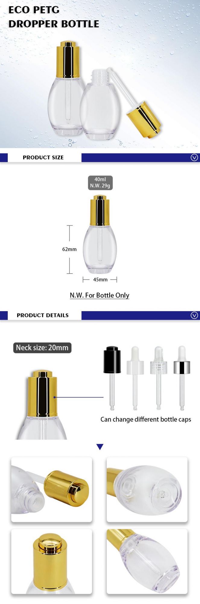 Wholesale OEM Custom Eco PETG 40ml Packaging Plastic Dropper Bottle
