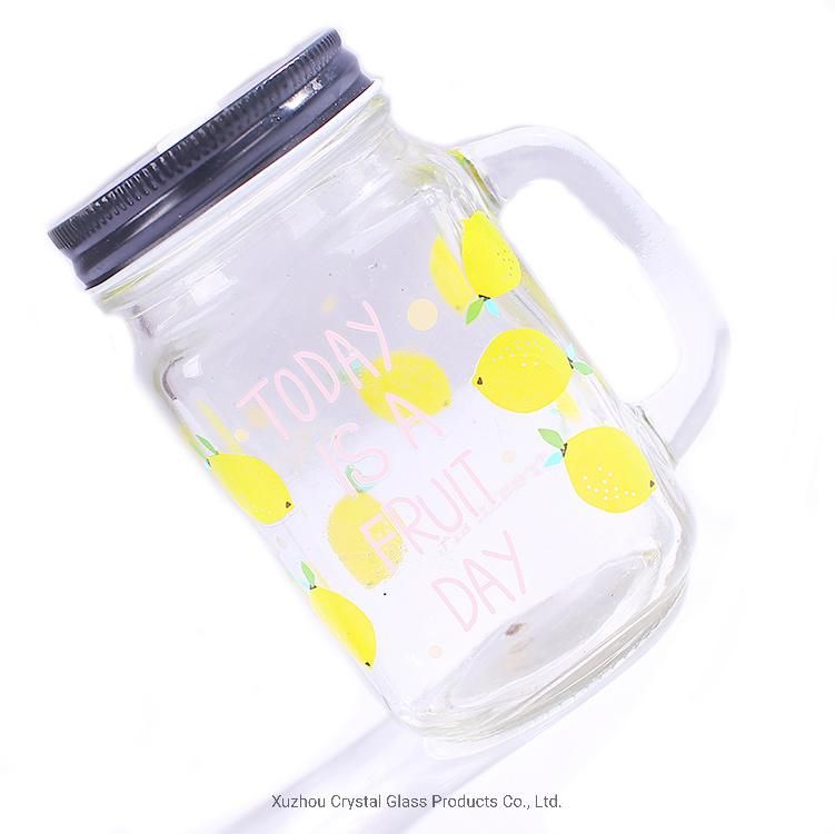 China Factory Wholesale 16oz Beverage Frosted Colours Glass Mason Jar with Handle