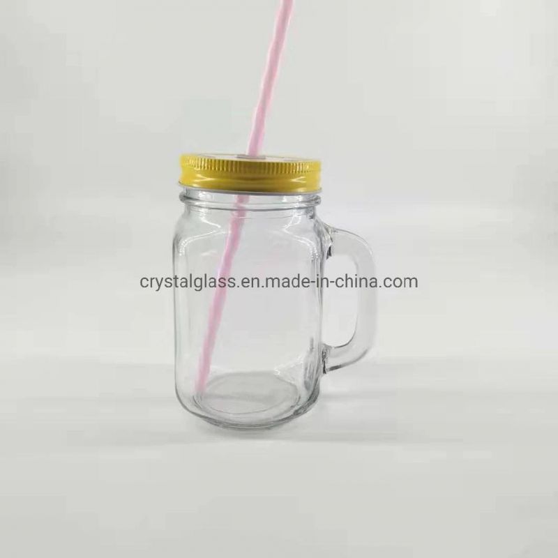 100ml 450ml Squre Hot Sale Empty Clear Glass Mason Jar with Straw Lid Handle for Juice Drinking Wholesale