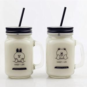 Wholesale 450ml Cute Printing Glass Mug with Lid and Straw