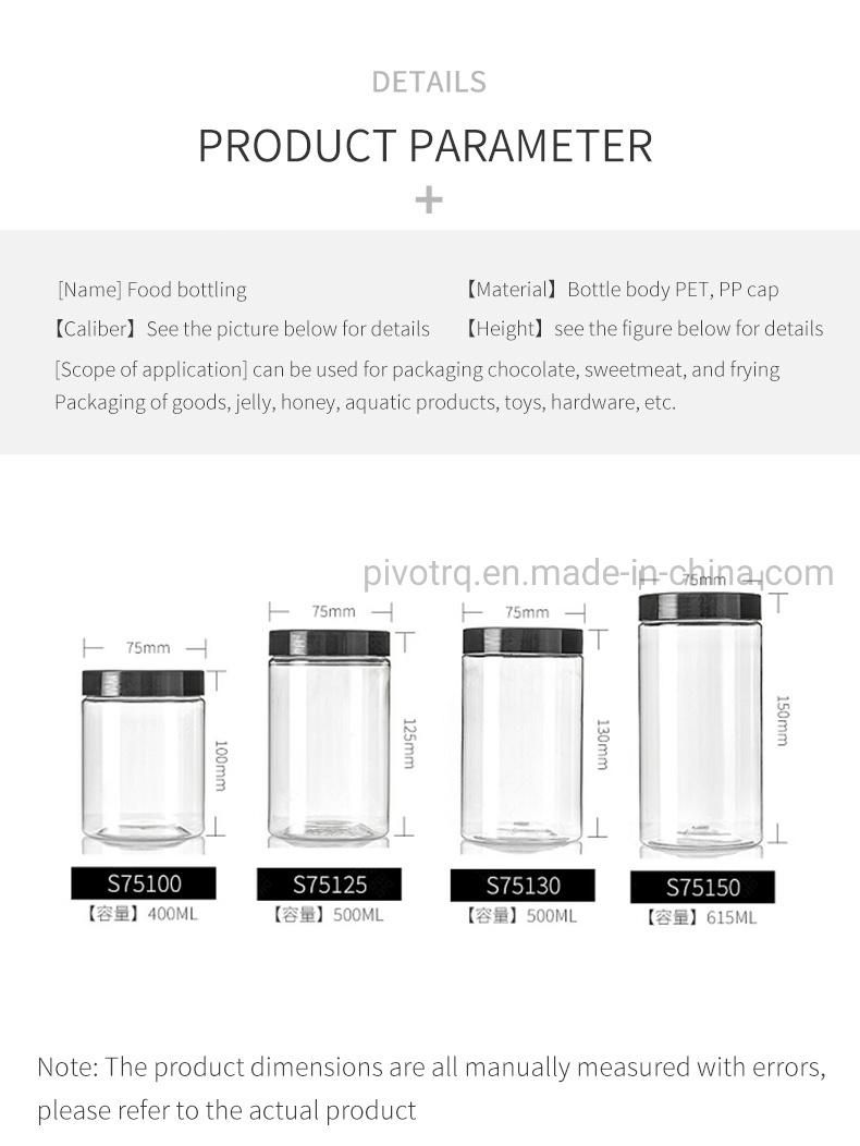 Food Packaging Wholesale 615ml Pet Transparent Wide Mouth Plastic Jars with Black Lids