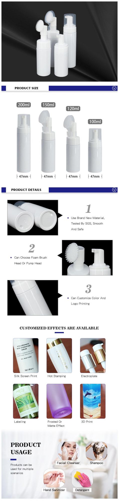 Empty Cosmetic Facial Cleanser 100ml 120ml 150ml White Pet Plastic Mousse Foam Pump Bottle