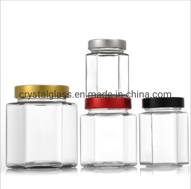 280ml 380ml 500ml Hexagon Empty Glass Food Storage Jar for Canning with Metal Lid