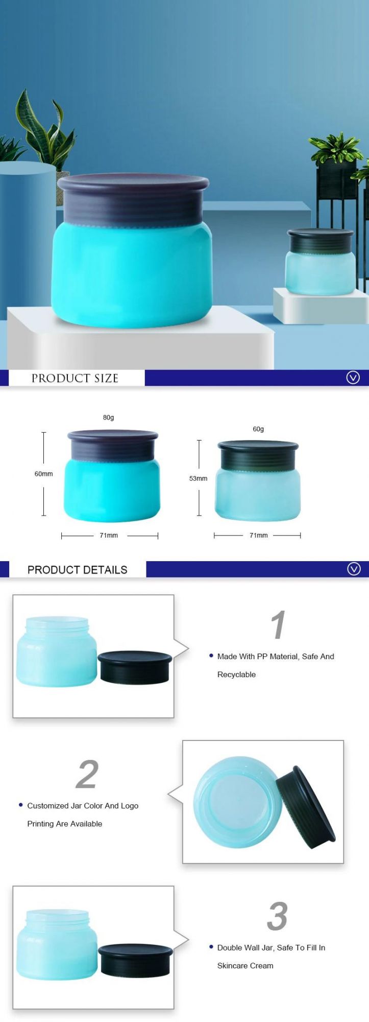 Round Blue Cosmetic Container Plastic Cream Jar Packaging 60g 80g