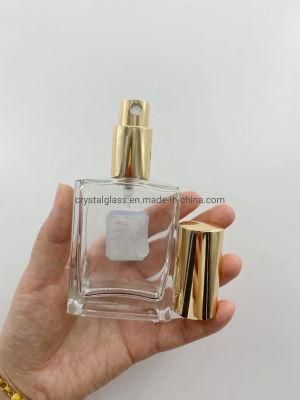 50ml Square Shape Crystal Glass Bottle for Perfume Packing with Golden Aluminium Sprayer