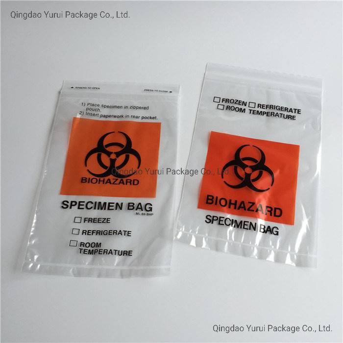 6X9" Biohazard LDPE Lab Zip Lock Plastic Zipper Top Specimen Transport Bag with Extra Pocket