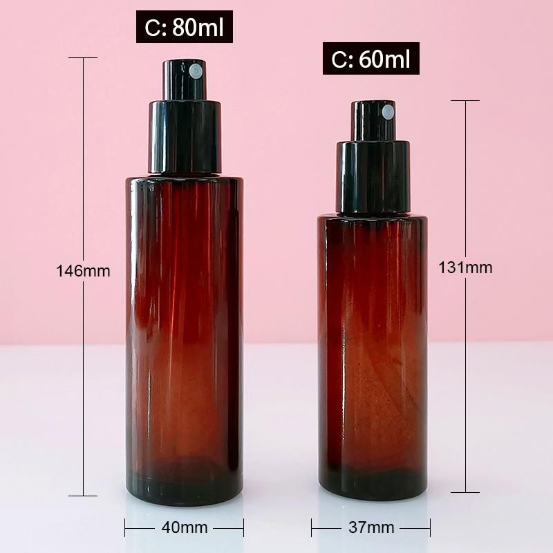 Flat Shoulder 60ml 80ml Cosmetic Amber Cylinder Glass Spray Bottle