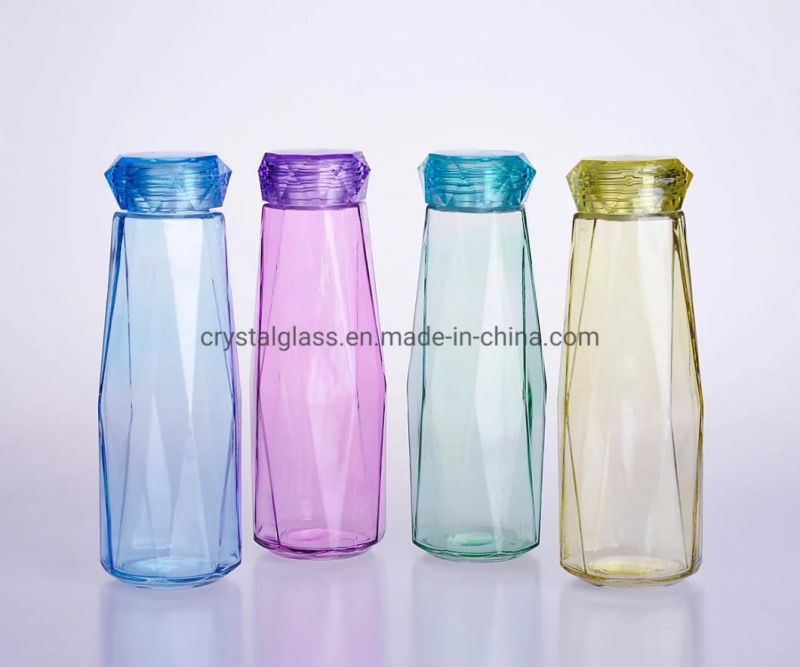 Customized Diamond Shape Bottle Colorful Glass Drinking Water Bottle with Plastic Cap 500ml