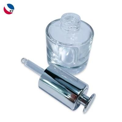 30ml 1oz Thick Bottom Heavy Clear Essential Oil Silver Color Push Button Glass Dropper Bottle