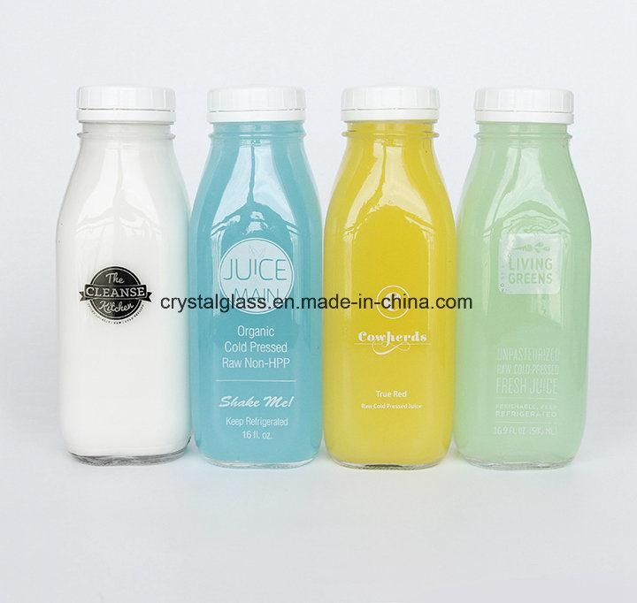 Wholesale Customized Logo Printing 500ml 300ml Empty French Square Glass Juice Milk Bottle