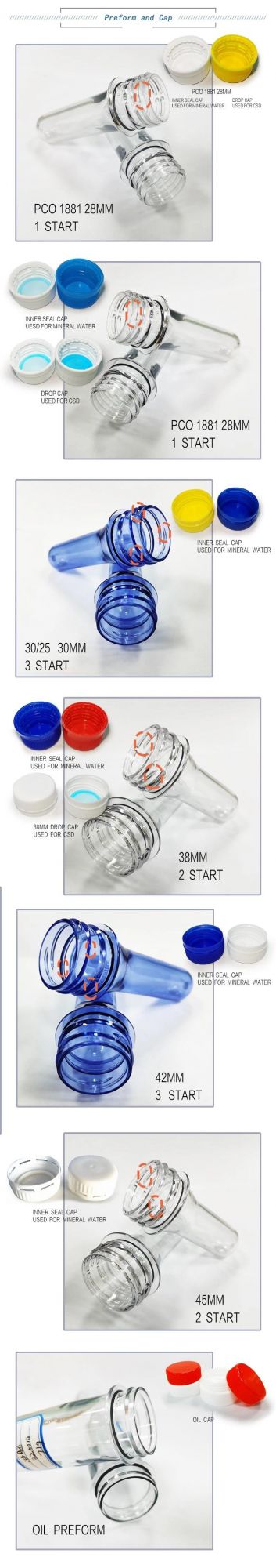 China Pco 1880 1881 28mm 30mm 38mm 45mm 48mm 55mm Pet Plastic Water Bottle Preform for Pet Bottle
