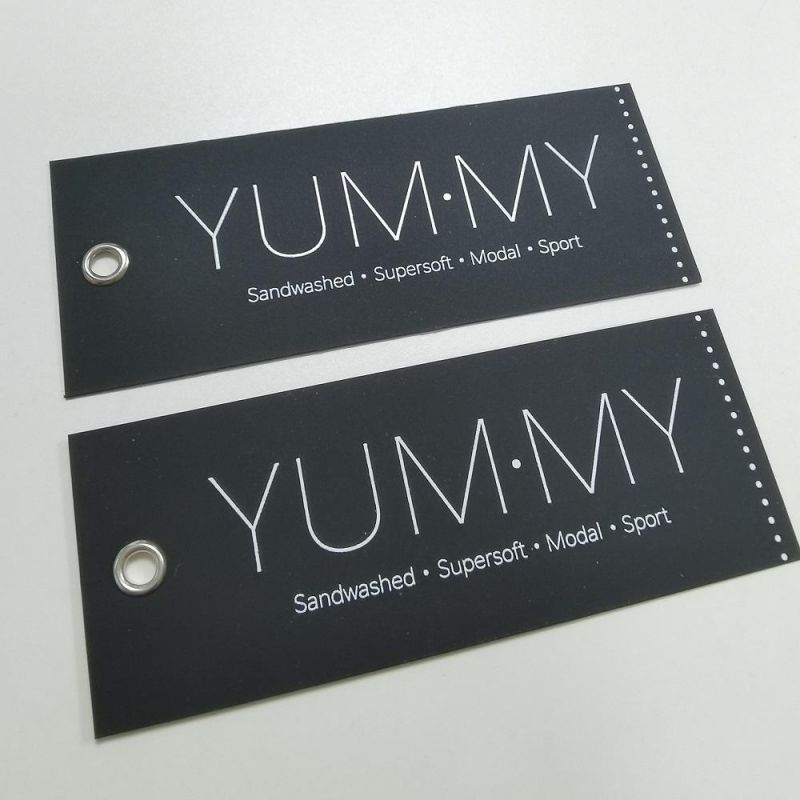 Custom High End Black Bordcard Paper Tag with Velvet Finish Brand Name Silver Foil Logo Garment Hang Tags