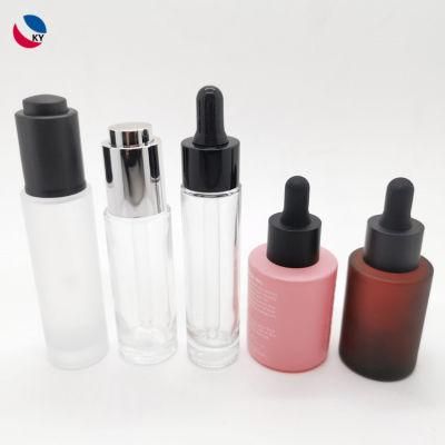 Cosmetic Flat Shoulder Frosted 30ml Glass Bottle with Pump or Dropper Cap