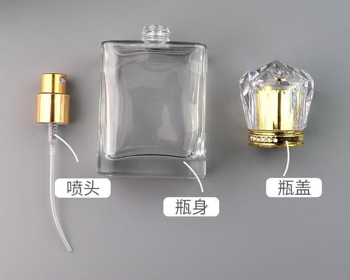 50ml Transparent Glass Perfume Atomizer Set with Diamond Crystal Crown Arabic Style Attar Bottle Portable Rectangular Shaped Empty Bottle