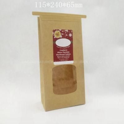 Customized Design Square Bottom Kraft Paper Bag with Clear Window and Tin Tie for Cookie