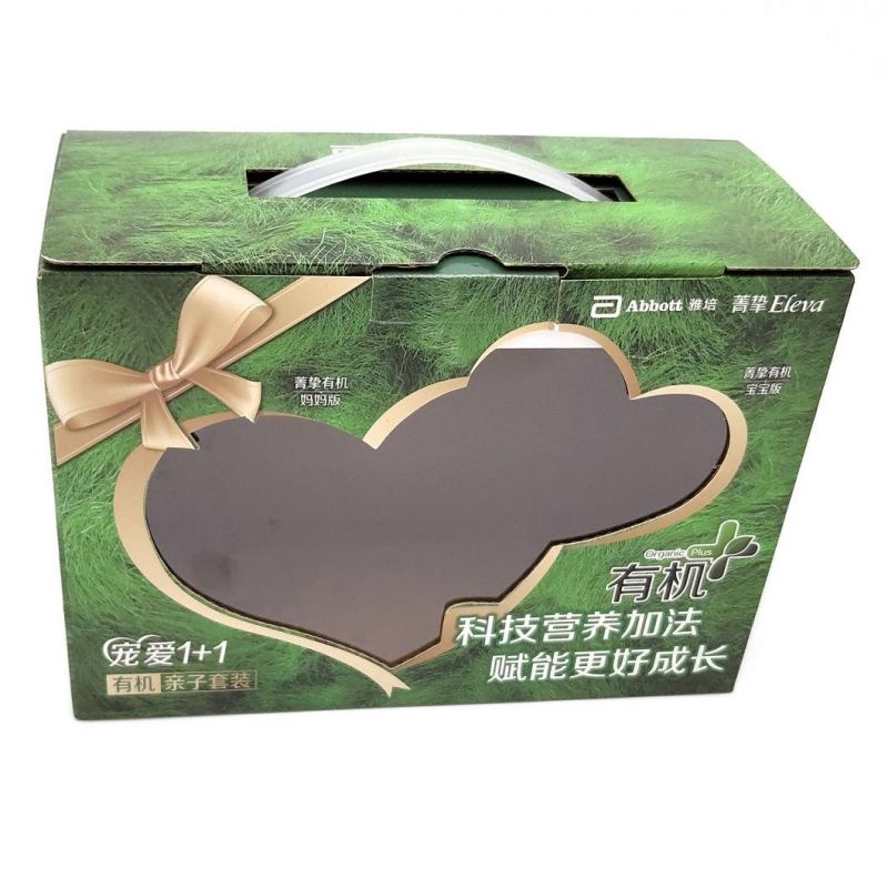 China Manufacturer Custom OEM Logo Printed Milk Power Coffee Fruit Juice Gift Packaging Paper Carton Box with PVC Window Plastic Handle