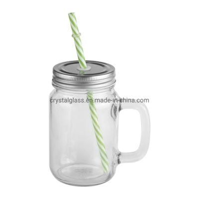 16oz Regular Mouth Glass Drinking Mason Jar with Handle Straw