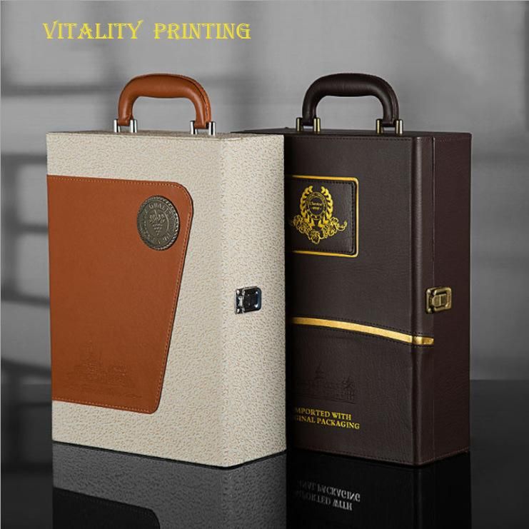 Custom Wholesale Rigid Wooden / PU Leather /Carboard Luxury Hand Carry Lock Display Christmas Wine Liquor Barware Storage Bottle Gift Packing Box