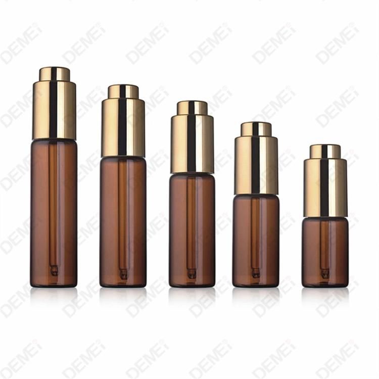 5ml-15ml Wholesale Cosmetic Packaging D23mm Stright Round Clear and Amber Serum Essential Oil Tube Glass Bottle with Gold Aluminum Press Button Dropper Cap