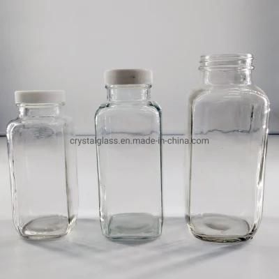 Hot Sell French Square Transparent Glass Bottle for Milk Beverage Juice with Plastic Screw Lid 80ml 250ml 350ml 500ml