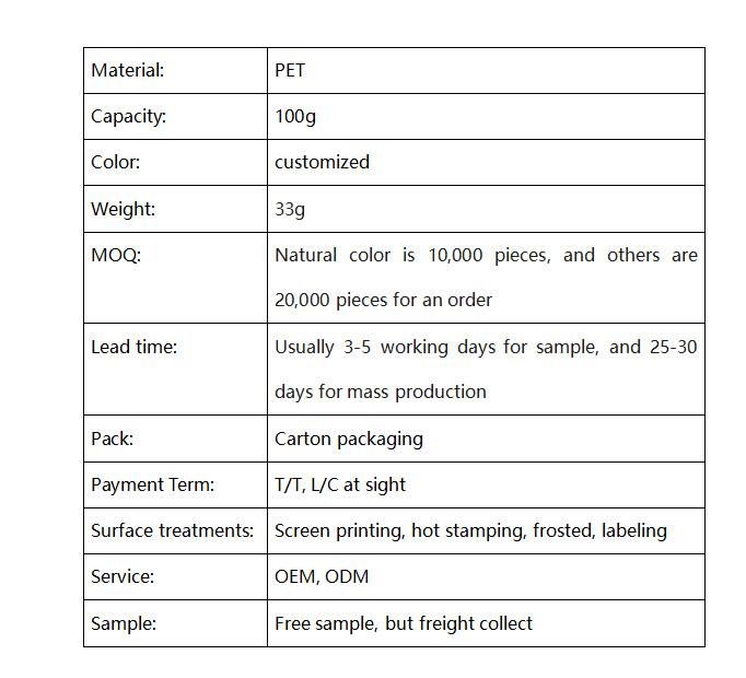 100g Pet Plastic Cream Jar with PP Cap and Aluminum Cap