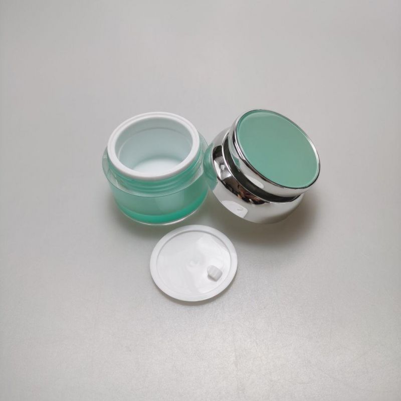 30g 50g Round Shape Green Acrylic Cream Jar with Metallized Silver Lid