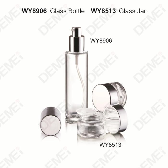 40/100/120ml 50g Cosmetic Skin Care Packaging Clear Slim Straight Round Toner Lotion Glass Bottle and Cream Jar with Silver Cap
