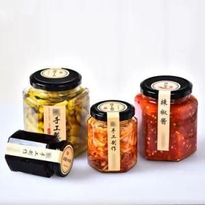 Hexagon Food Storage Container Empty 45ml 80ml 100ml 180ml 280ml 380ml 730ml Honey Jam Pickles Sauce Glass Jar with Metal Screw Lid