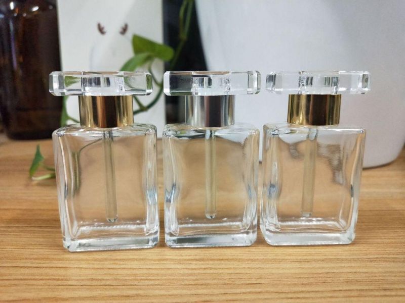 30ml Clear Refillable Essential Oils Bottle Portable Square Empty Glass Bottle with Gold and Silver Cap Thick Glass Transparent Dropper Bottle