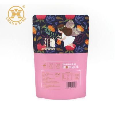 Food Grade Pink Colors Printing 200g Brown Sugar Powder Zipper Standing Pouch