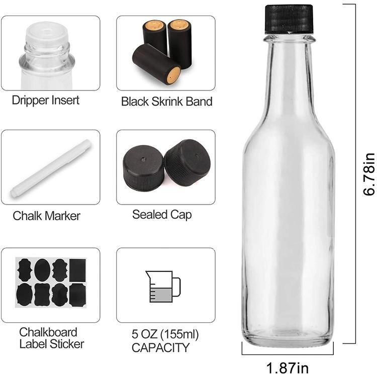Custom 150ml 5oz Cheap Woozy Style Clear Round Hot Sauce Glass Bottle with Black Cap