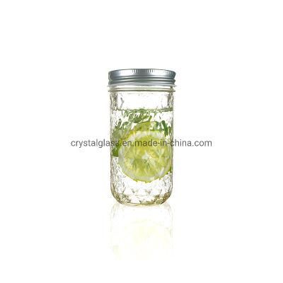 11oz Embossed Surface Custom Empty Glass Cannning Jar with Two PCS Lids