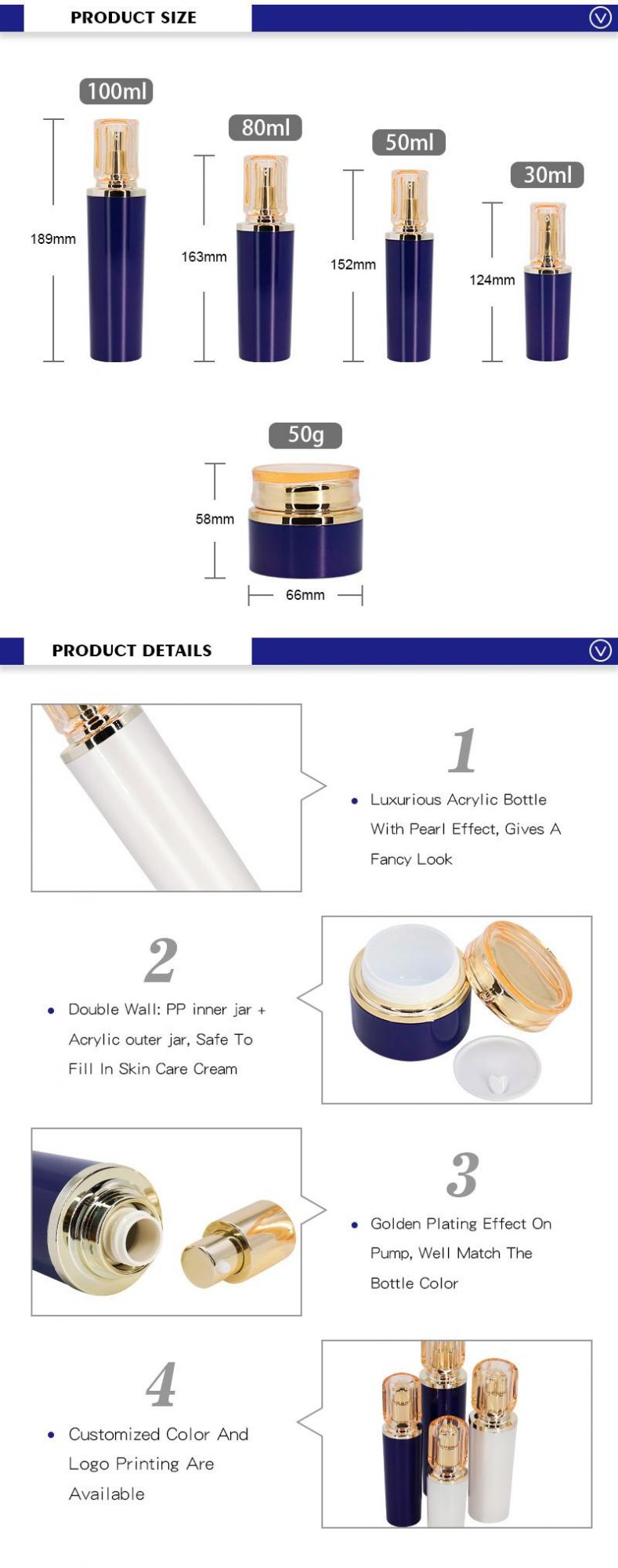Factory Supply Luxury Golden Pump Empty Acrylic Cosmetic Lotion Bottle