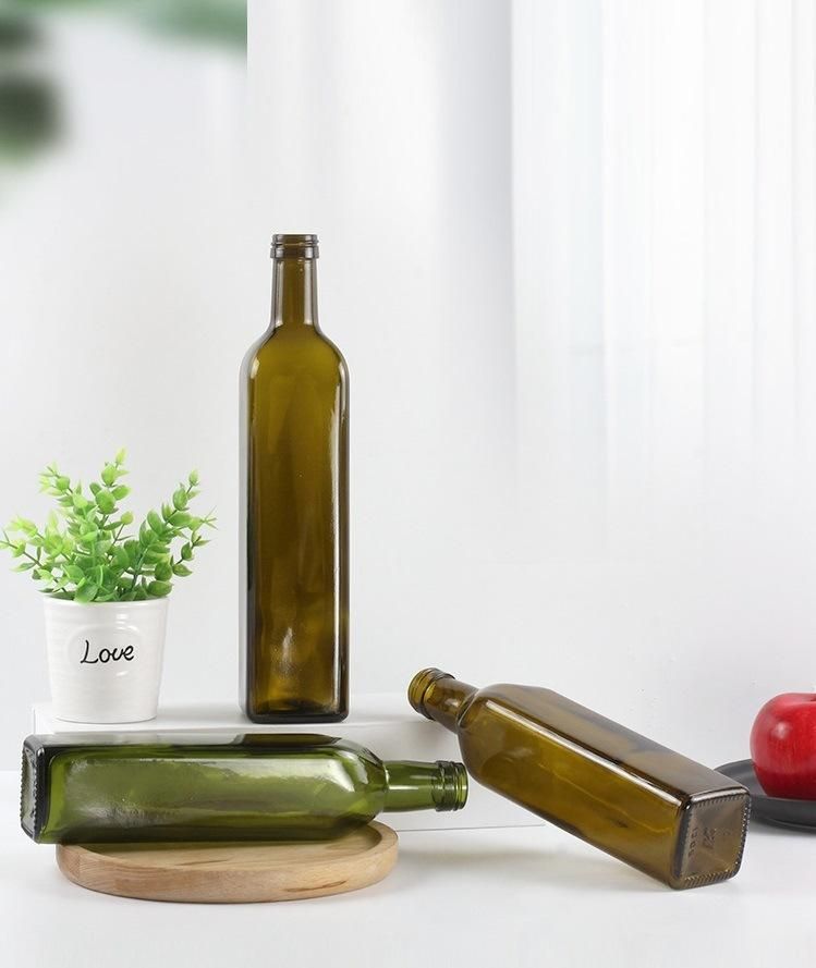 Wholesale Sauce Bottle Olive Oil Bottle Empty 250ml 500ml 750ml 1000ml Dark Green Square Vinegar Olive Oil Glass Bottle Glassware with Cap