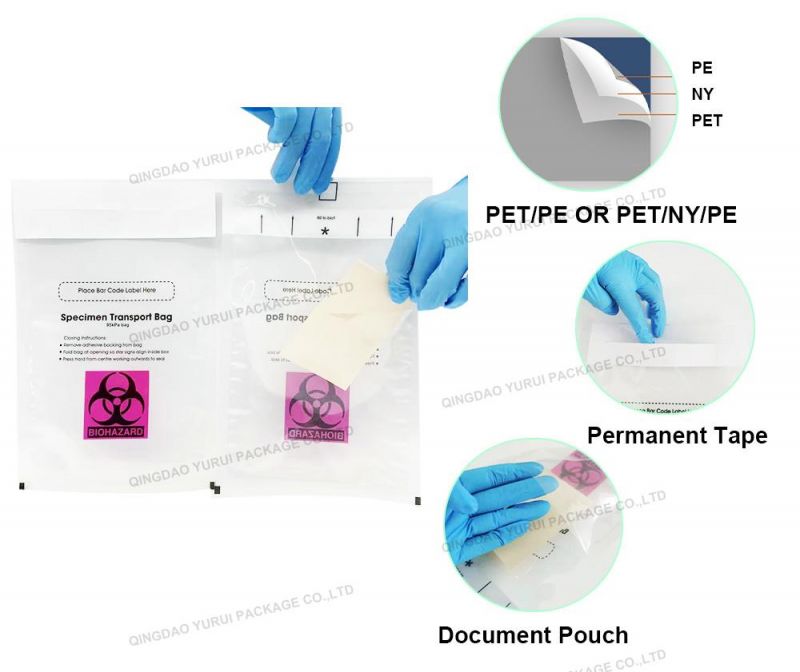 Plastic Medical Use 6′ ′ X9′ ′ Laminated Biohazard Logo Adhesive Tape 95kpa Specimen Bag