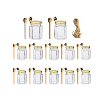 1.5oz 2oz 4oz Hexagon Mini Glass Honey Jars with Wood Dipper and Gold Lid for Sale