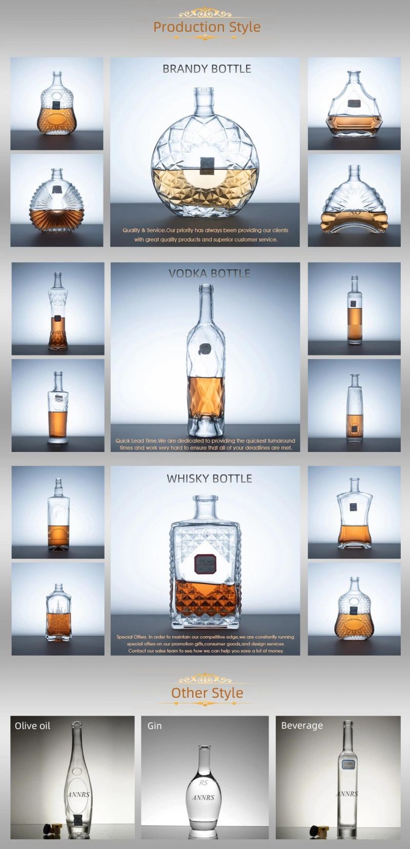 Wholesale 1000ml 750ml 500ml 375ml 200ml 100ml Bottle Glass Gin Whisky Vodka Spirit Glass Bottle for Liquor with Cork